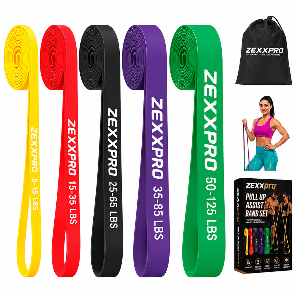 ZEXXPRO Resistance Bands Set of 5 level – Natural Latex Workout Bands with Carry Bag, Fitness & Strength Training pull up yoga.