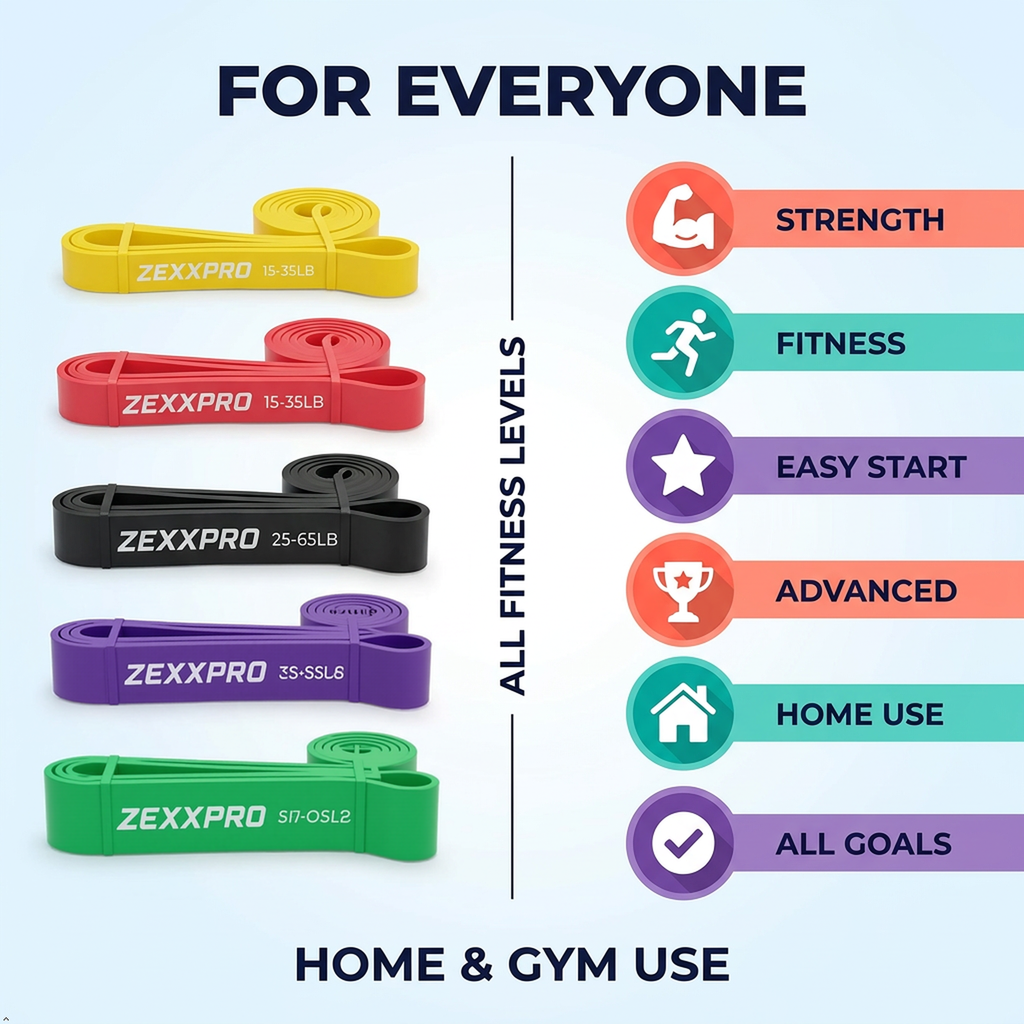 ZEXXPRO Resistance Bands Set of 5 level – Natural Latex Workout Bands with Carry Bag, Fitness & Strength Training pull up yoga.