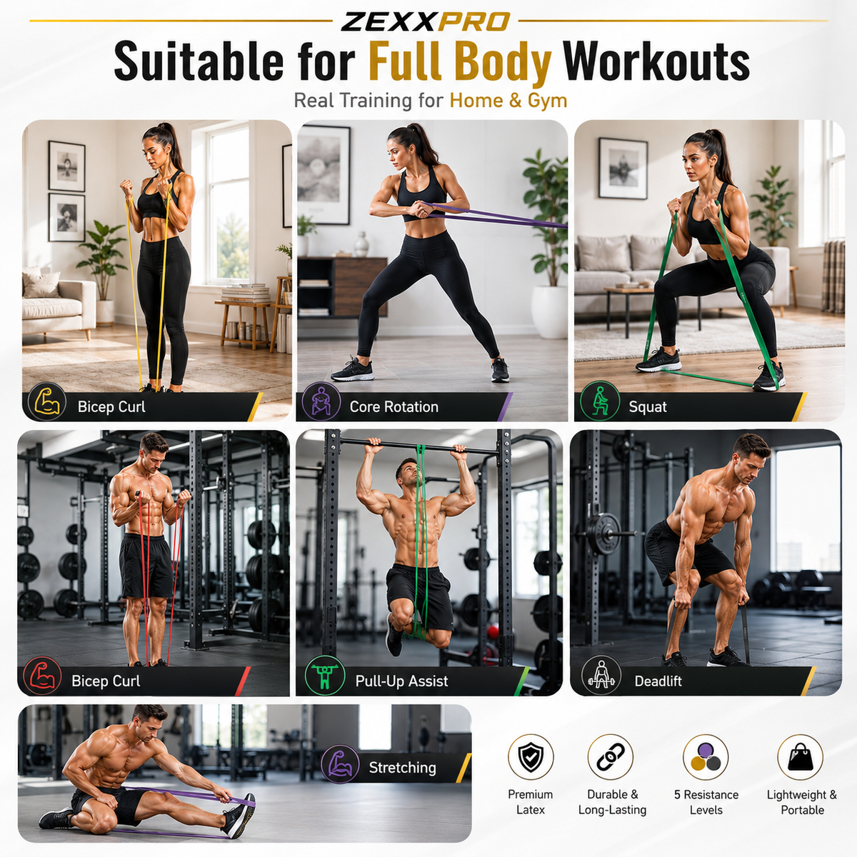 ZEXXPRO Resistance Bands Set of 5 level – Natural Latex Workout Bands with Carry Bag, Fitness & Strength Training pull up yoga.