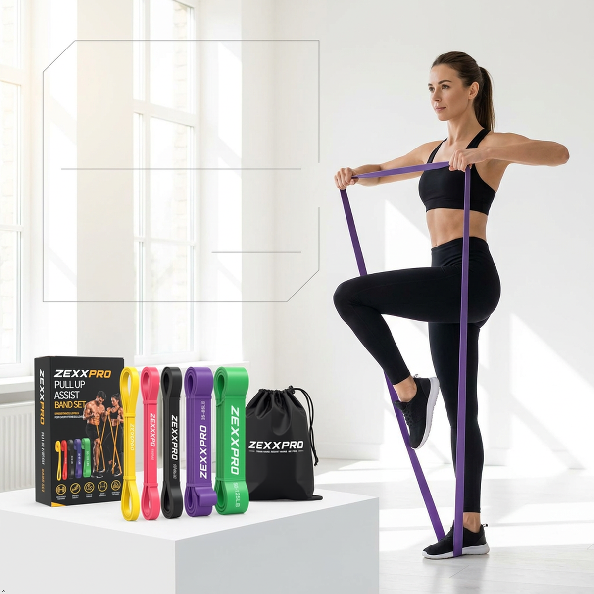 ZEXXPRO Resistance Bands Set of 5 level – Natural Latex Workout Bands with Carry Bag, Fitness & Strength Training pull up yoga.