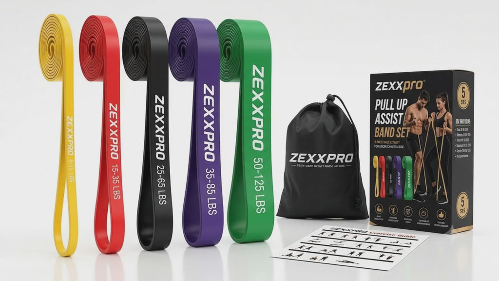 ZEXXPRO Resistance Bands Set of 5 level – Natural Latex Workout Bands with Carry Bag, Fitness & Strength Training pull up yoga.